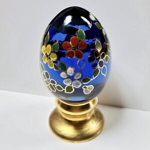 Fenton Cobalt Blue Hand Painted Floral Glass Egg Jewel Gold Base Signed 620/2500